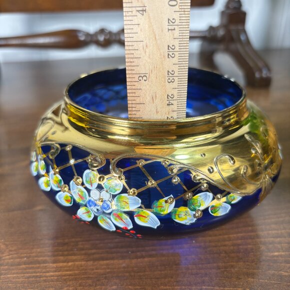 Vintage Cobalt Blue Glass Vanity Jar with Lid Gold Enamel Floral Bohemian Jar - Picture 12 of 14
